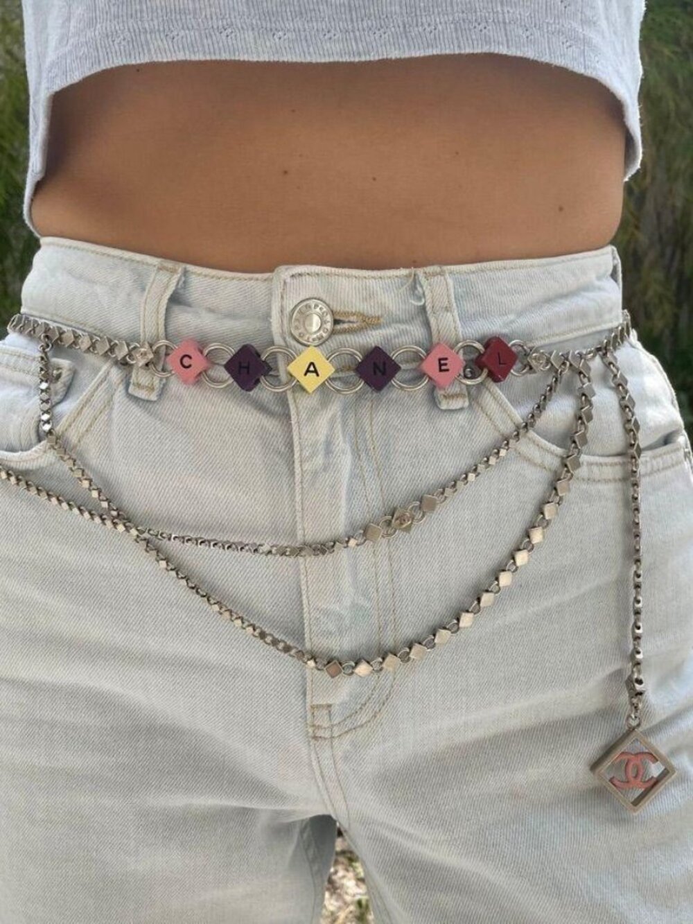 CHANEL Vintage 04P Silver Chain Block Letter Belt